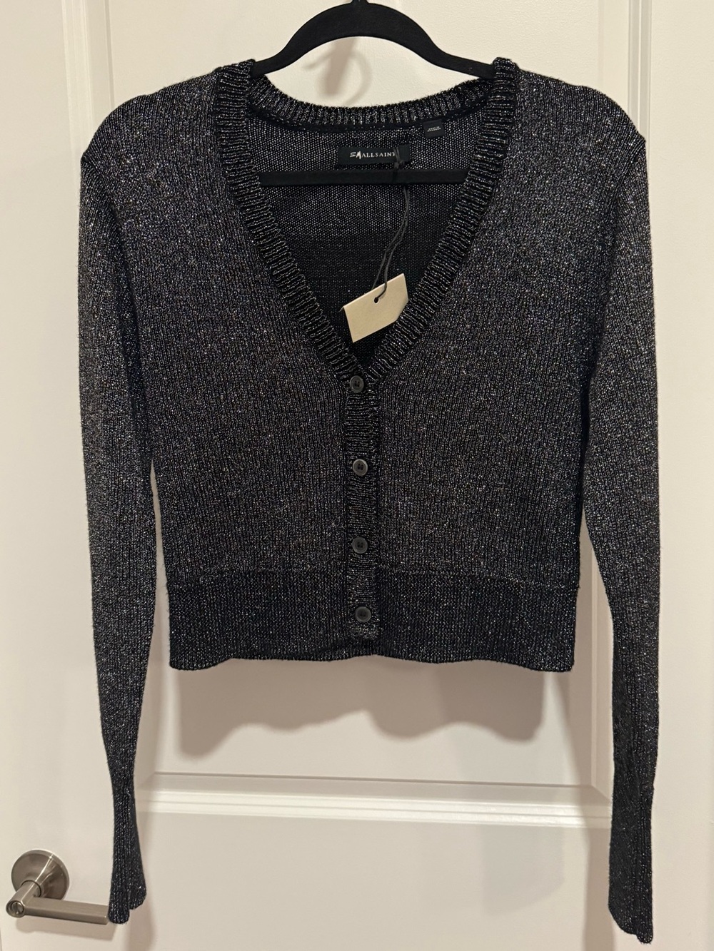 AllSaints Black Metallic Shimmer Cropped Cardigan V-Neck Button Front Small NWT